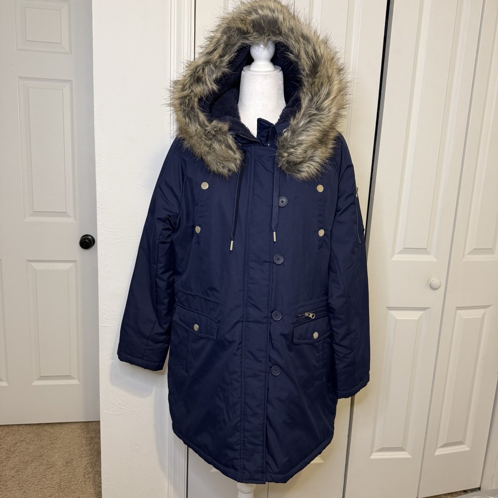 Swiss Tech Women's Parka Jacket with Faux Fur-Trim Hood Size L 12/14 Blue
